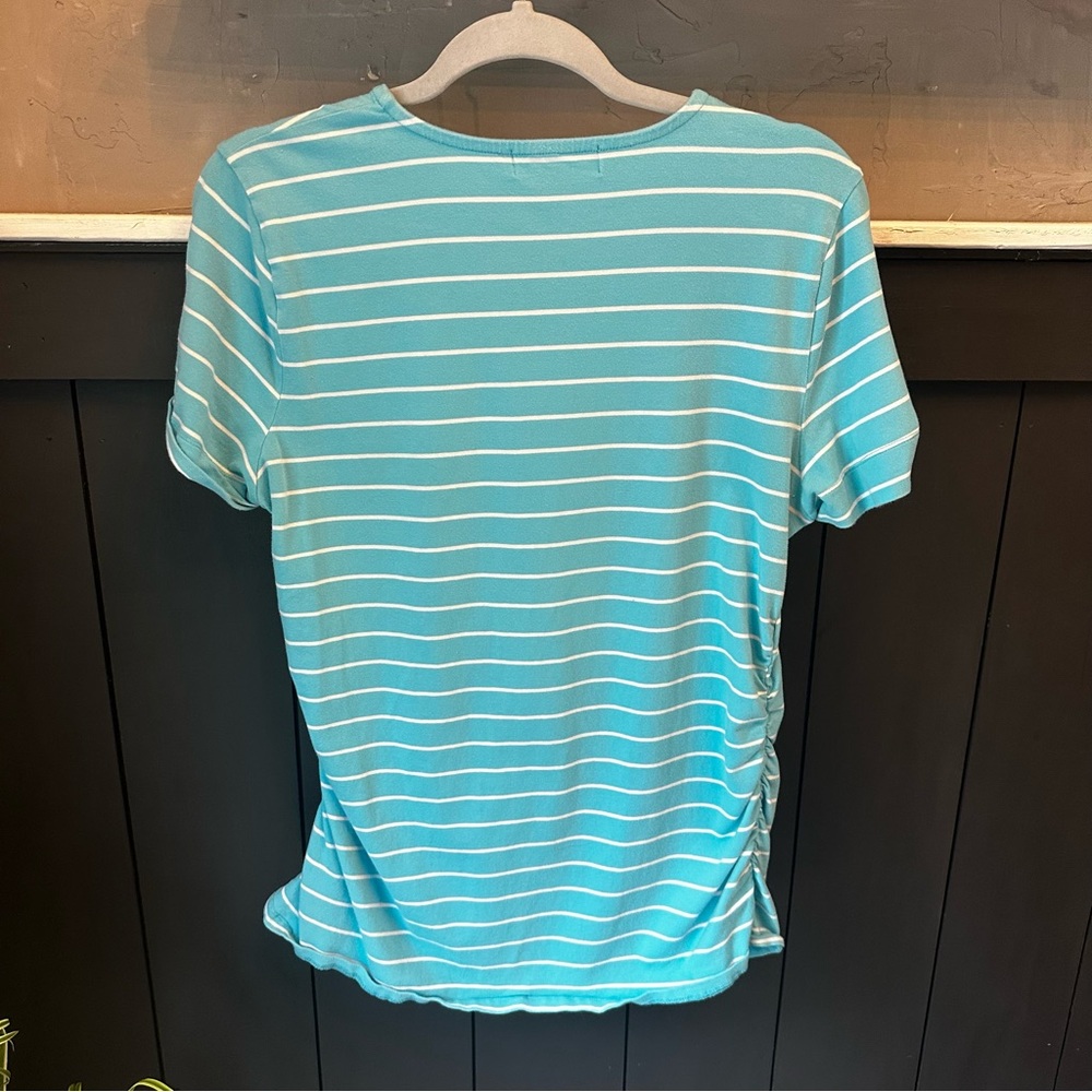 Michael Kors Short Sleeve Stripe Ruch Top Blue White sz XL - Picture 2 of 11
